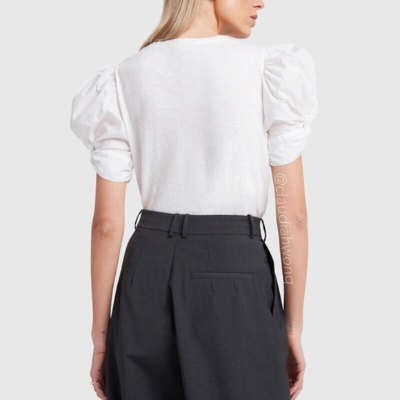 New GWYN Christopher Puff Sleeve Poplin T Shirt in Ivory White - Picture 5 of 14